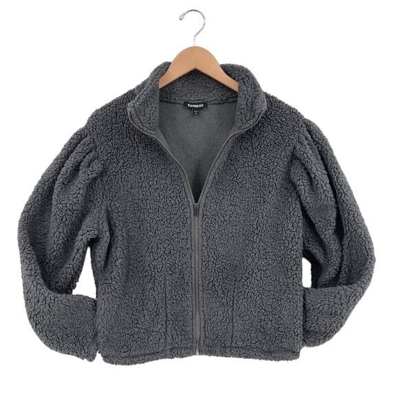 Express Jacket Womens Small Gray Sherpa Faux Long Sleeve Mock Neck Full Zip - Picture 6 of 14